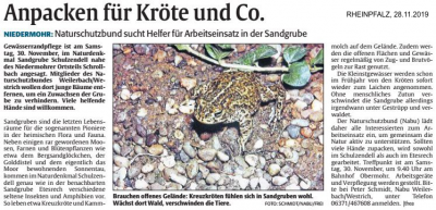 28.11.2019 RHEINPFALZ: Anpacken für Kröte und Co.